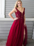 A Line Deep V Neck Red Tulle Split Beaded Prom Dress with Appliques LBQ2495